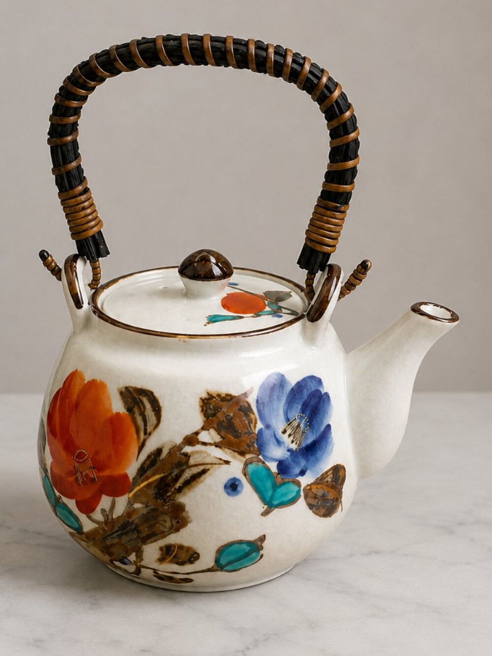 Andrea by Sadek Japanese Floral Teapot w/ Bamboo Handle Vintage Ceramic Tea Pot
